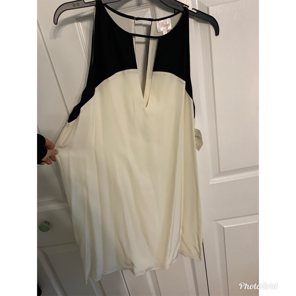 Parker Sleeveless Color Block Keyhole Tank Top Black Cream‎ Women's